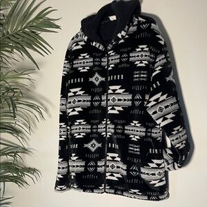 OVERSIZED TEDDY FLEECE | Aztec Tribal Pattern | Hooded Zip-Up | Size L